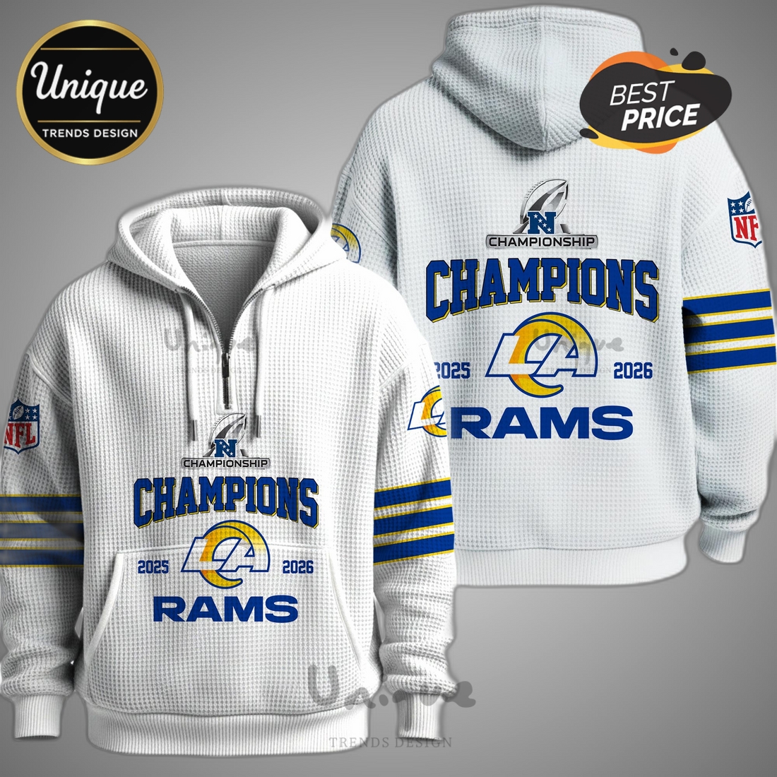 Los Angeles Rams 2026 Champions Commemorative Zip Waffle Hoodie Los Angeles Rams 2026 Champions Commemorative Zip Waffle Hoodie