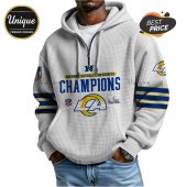 White hoodie with Rams Champions design, featuring team logos and 