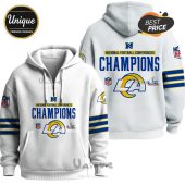 White hoodie featuring 'National Football Conference Champions' text and Los Angeles Rams logo.!