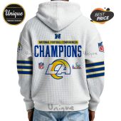 White hoodie featuring 'National Football Conference Champions', Rams logo, and Super Bowl design.!