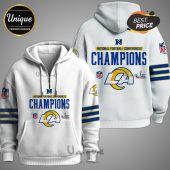 White hoodie featuring 'National Football Conferences Champions' and the LA Rams logo.!