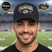 Hat with text 'American Football Conference CHAMPIONS' LA Rams logo and Super Bowl logo.!