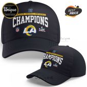 Navy hat featuring the text 'Champions' above the LA Rams logo, NFL logo, and Super Bowl LVI logo!