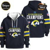 Navy zip-up hoodie with Rams 'National Football Conferences Champions' graphic and NFL logos.!