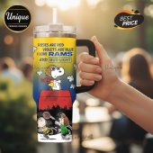 Tumbler with Snoopy, Woodstock, and 'Roses are red' poem about Rams and Bud Light.!