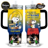 Tumbler featuring Snoopy, Charlie Brown characters, 'I Love Rams and Bud Light' text, and customizable name area.!