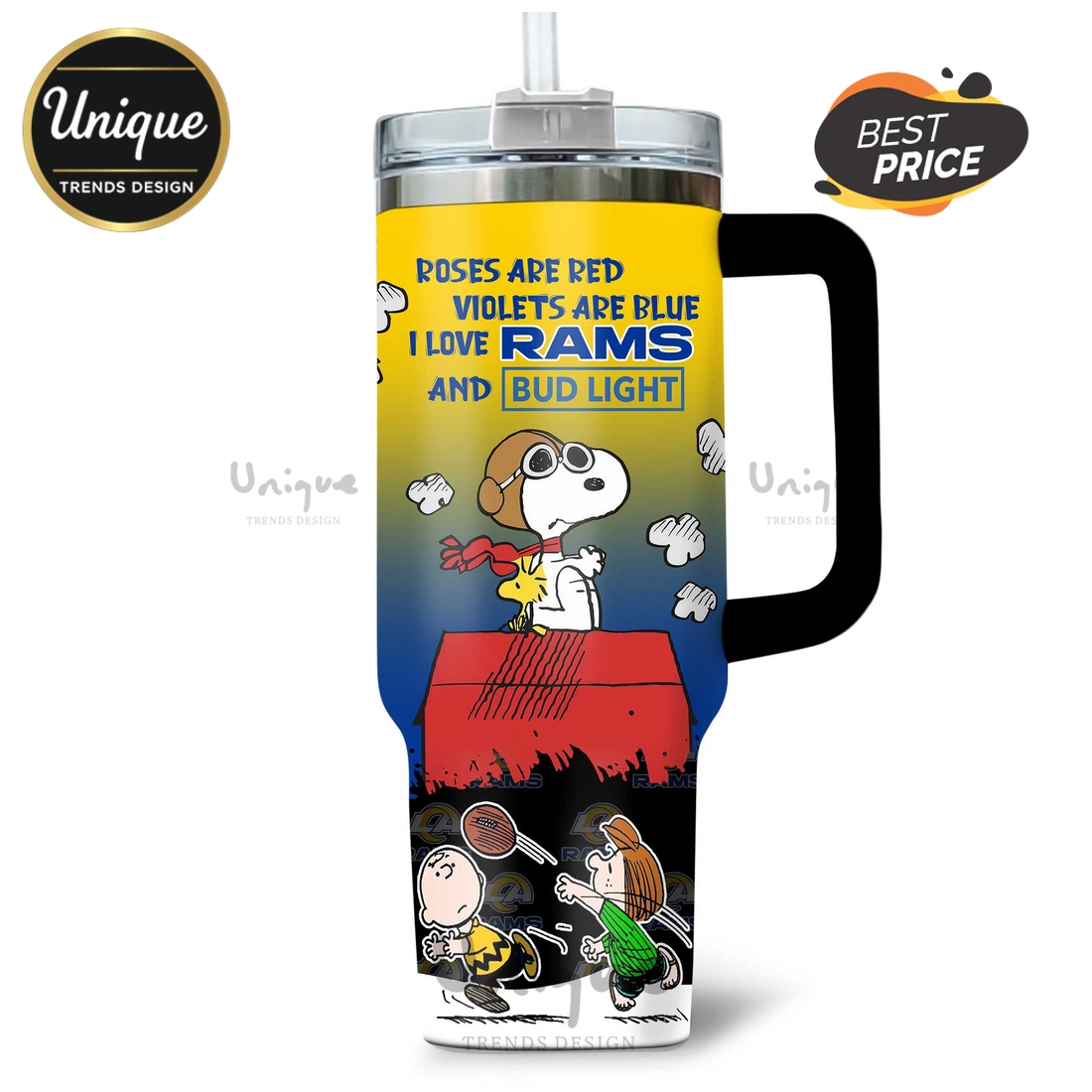 Los Angeles Rams Snoopy Bud Light Personalized 40oz Tumbler Los Angeles Rams Snoopy Bud Light Personalized 40oz Tumbler