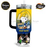 Tumbler featuring Snoopy, football, Bud Light, and the Los Angeles Rams logo with customizable name.!
