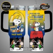 Tumbler featuring Snoopy, football, Bud Light, LA Rams and Peanuts characters.!