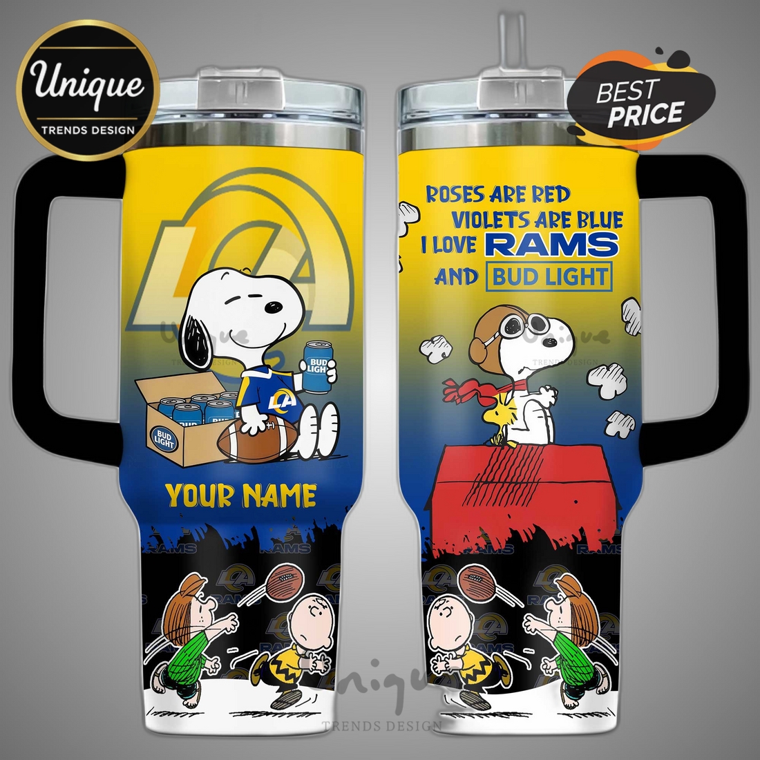 Los Angeles Rams Snoopy Bud Light Personalized 40oz Tumbler Los Angeles Rams Snoopy Bud Light Personalized 40oz Tumbler