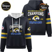 Black hoodie with LA Rams Championship design, featuring 'Champions,' '2025,' and '2026' text.!