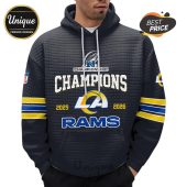 Hoodie features 'Champions,' LA Rams logo, and the years 2025 and 2026.!