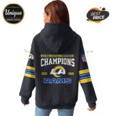 Back of black hoodie with Los Angeles Rams design; text: 