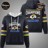 Black hoodie featuring the LA Rams, 'Champions,' and '2025-2026' design on the front and back.!