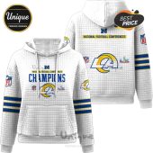White hoodie featuring 'National Football Conferences Champions' with the LA Rams logo and NFL emblems!