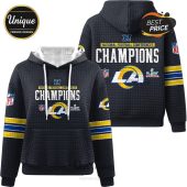 Los Angeles Rams Champions Hoodie featuring team logo and Super Bowl LVI emblem.!