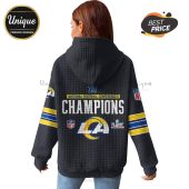 Los Angeles Rams Champions hoodie featuring the team logo and 'National Football Conference Champions' text.!