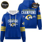 Blue hoodie with National Football Conference Champions text, Rams logo, and NFL logos.!