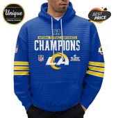Blue hoodie with 'National Football Conferences Champions' text, LA Rams logo, NFL emblem, and Super Bowl LVI insignia.!