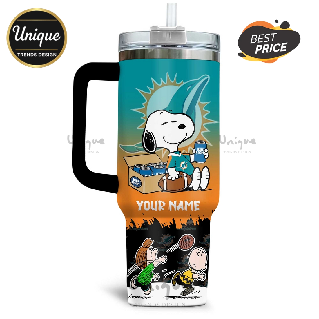 Miami Dolphins Snoopy Bud Light Personalized 40oz Tumbler Miami Dolphins Snoopy Bud Light Personalized 40oz Tumbler