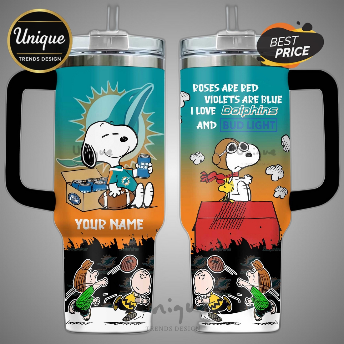 Miami Dolphins Snoopy Bud Light Personalized 40oz Tumbler Miami Dolphins Snoopy Bud Light Personalized 40oz Tumbler