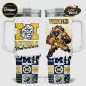 Michigan Wolverines themed tumbler with cartoon wolverine and text 'Michigan Wolverines'.!