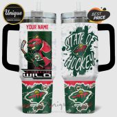 Minnesota Wild hockey tumbler with bear logo, 'State of Hockey' text, and custom name option.!