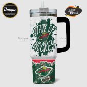 Minnesota Wild hockey team logo and 'State of Hockey' text on a travel mug.!