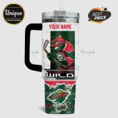 Minnesota Wild hockey tumbler with a cartoon bear holding a stick and text: YOUR NAME and MINNESOTA WILD.!