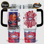 Montreal Canadiens tumbler with cartoon mascot, team logo, and customizable name.!