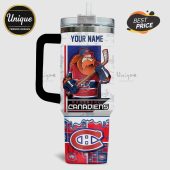 Montreal Canadiens hockey mascot and logo on a white tumbler with handle, straw and custom name!