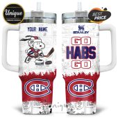 Montreal Canadiens Snoopy tumbler featuring Charlie Brown. Show your team spirit with this adorable and functional drinkware.