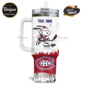 Montreal Canadiens Snoopy tumbler featuring Charlie Brown. Officially licensed NHL Stanley Cup drinkware.