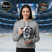 Nashville Predators themed tumbler with handles and straw, showcasing team logo and city name on a white and blue design.!