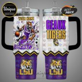Tumbler featuring 'Your Name', basketball tiger, 'Geaux Tigers,' and LSU logo pattern.!