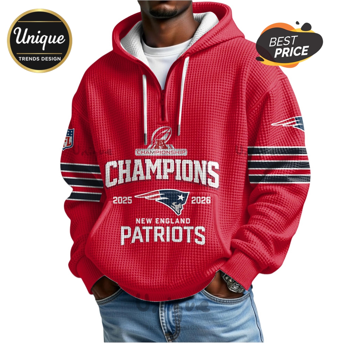 New England Patriots 2025-2026 Champions American Zip Waffle Hoodie New England Patriots 2025-2026 Champions American Zip Waffle Hoodie