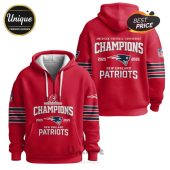 Red New England Patriots Champions 2025 2026 hoodie, front and back views.!