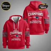 Red hoodie with 'Champions 2025-2026 New England Patriots' text and Patriots logo.!