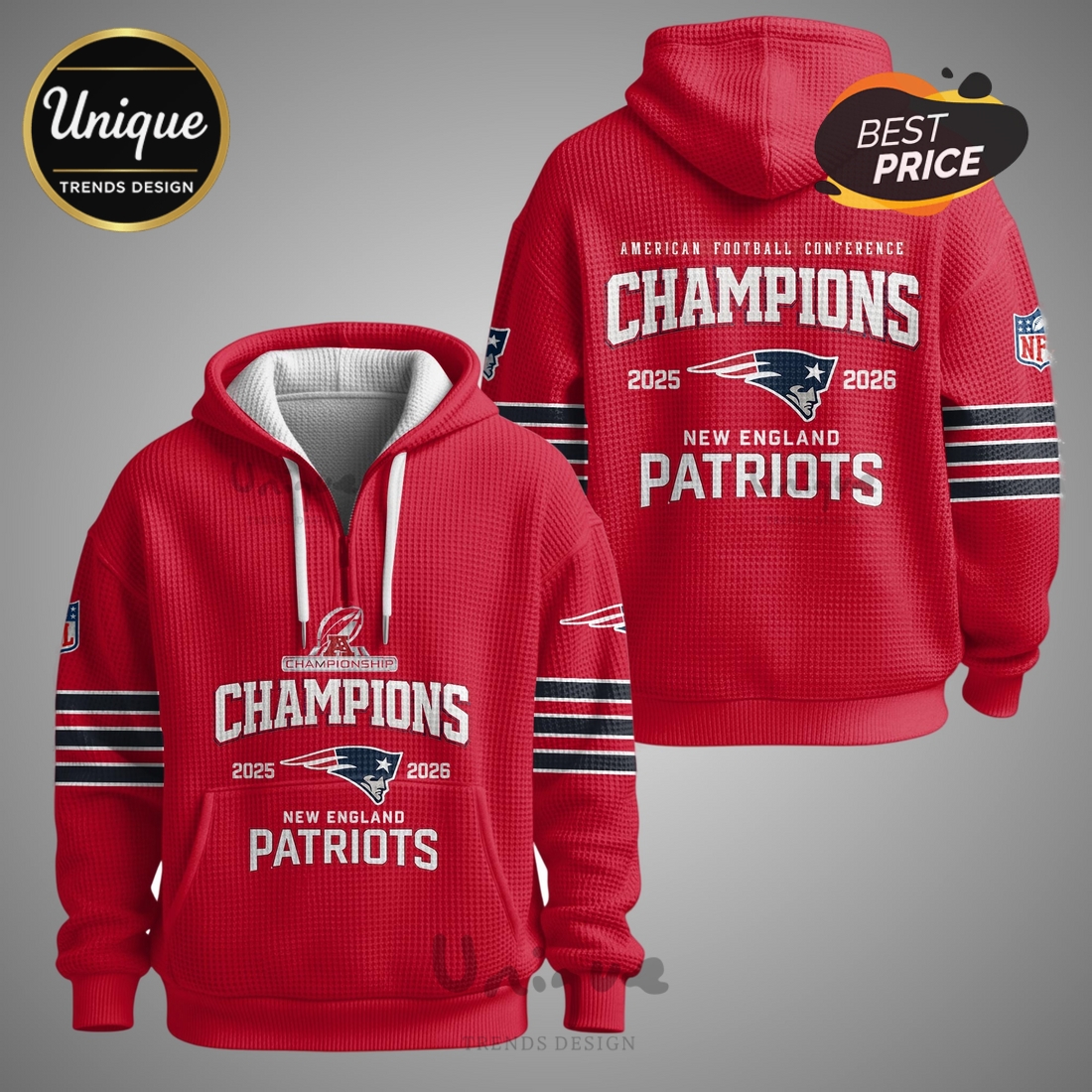 New England Patriots 2025-2026 Champions American Zip Waffle Hoodie New England Patriots 2025-2026 Champions American Zip Waffle Hoodie
