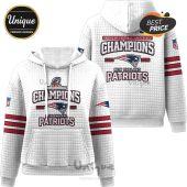 White hoodie featuring the New England Patriots Champions design for 2025 and 2026.!