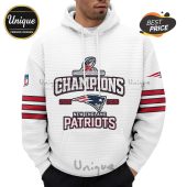 White hoodie with 'Champions' graphic, dates 2025 and 2026, plus 'New England Patriots' text and logo.!