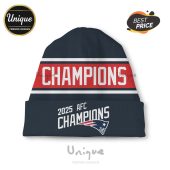 Navy beanie with 'Champions' and '2025 AFC Champions' text with a Patriots logo!