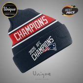 Navy beanie with 'Champions' text in white on a red stripe, plus '2025 AFC Champions' with a Patriots logo!