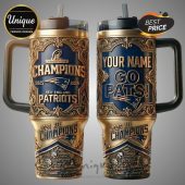Two New England Patriots tumbler designs: One with 'Champions 2025-2026', the other customized with 'Your Name'.!