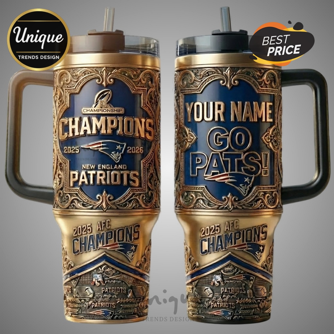 New England Patriots 2025 AFC Champions Personalized 3D Sports Tumbler New England Patriots 2025 AFC Champions Personalized 3D Sports Tumbler