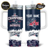 New England Patriots fan tumbler with 'Champions 2025-2026', team logo, and custom name option.!