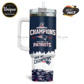 New England Patriots Champions 2025-2026 design on a white handled tumbler with lid and straw.!