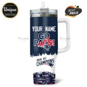 Patriots 2025 AFC Champions tumbler with 'Your Name' and 'Go Pats!' text, plus Patriots logo.!