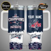 New England Patriots tumbler featuring 'Champions 2025-2026' and 'Go Pats!' designs.!