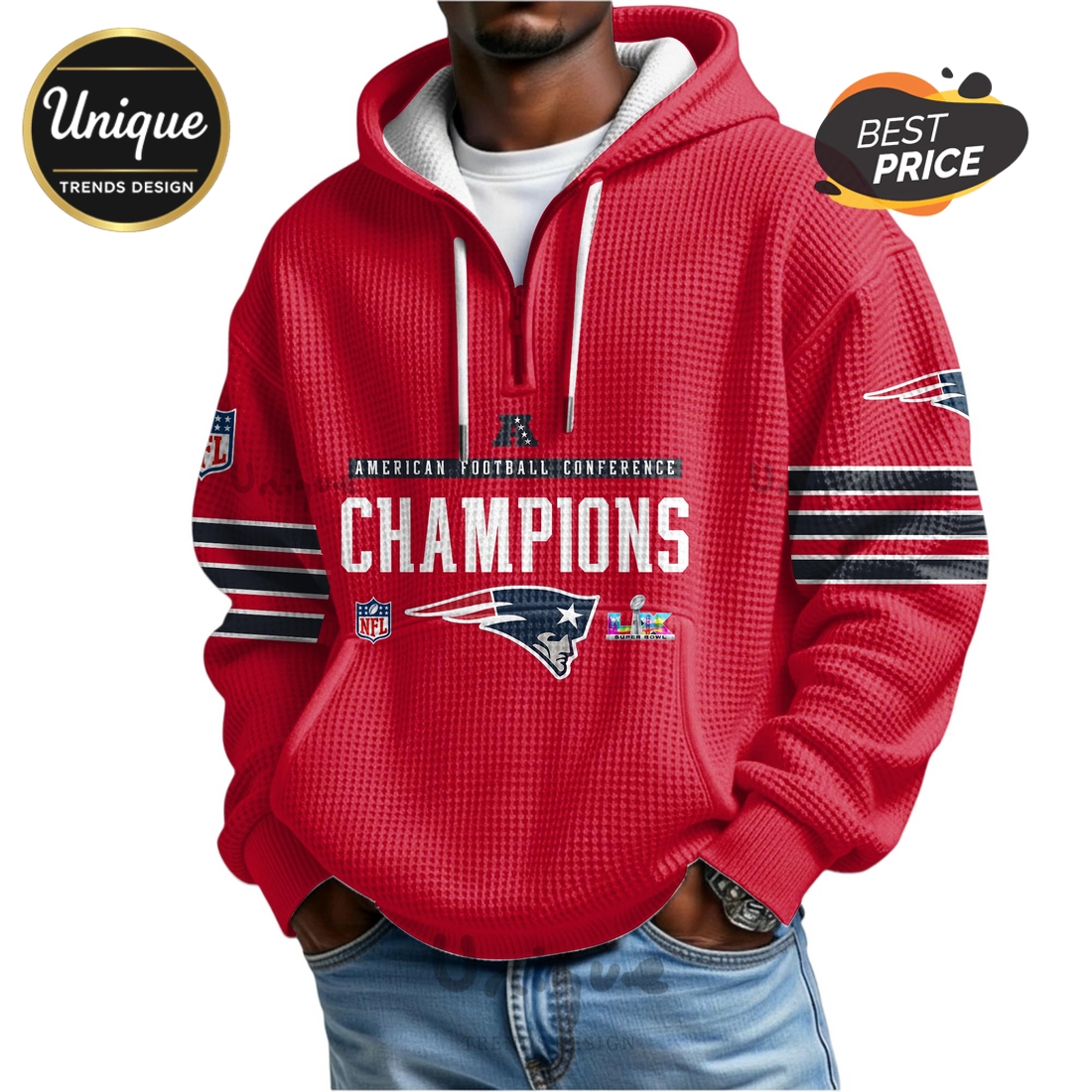 New England Patriots AFC Champions 3D Graphic Zip Waffle Hoodie New England Patriots AFC Champions 3D Graphic Zip Waffle Hoodie